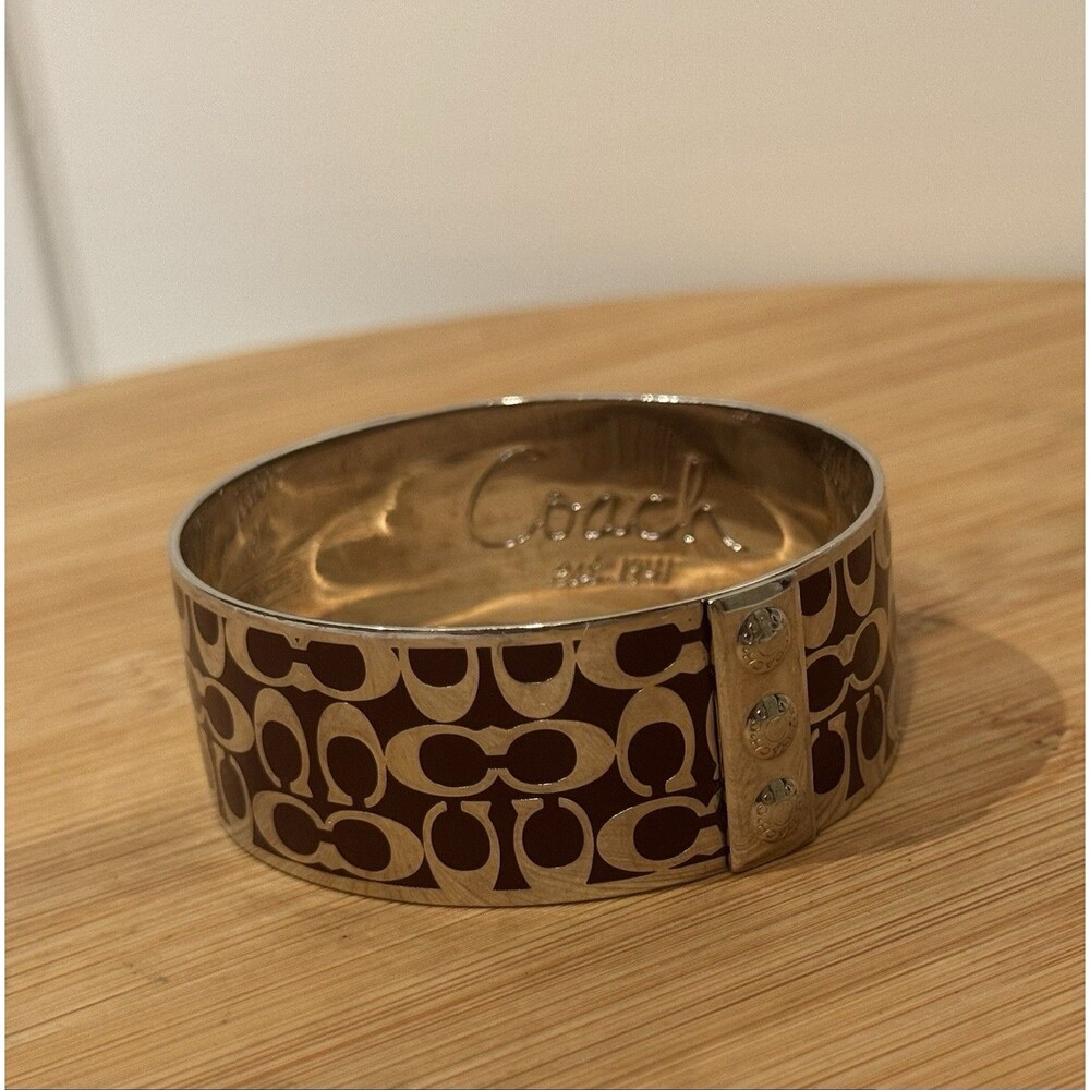 Vintage Coach Bracelet Red Signature Logo Silvertone Chunky Bangle Signed Y2K